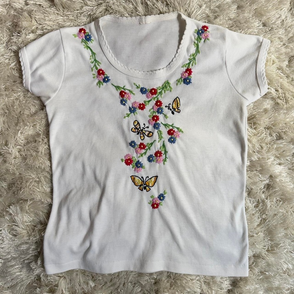 Cottagecore Embroidered Butterfly Floral Scallop Trim Cotton Knit Baby Tee S
